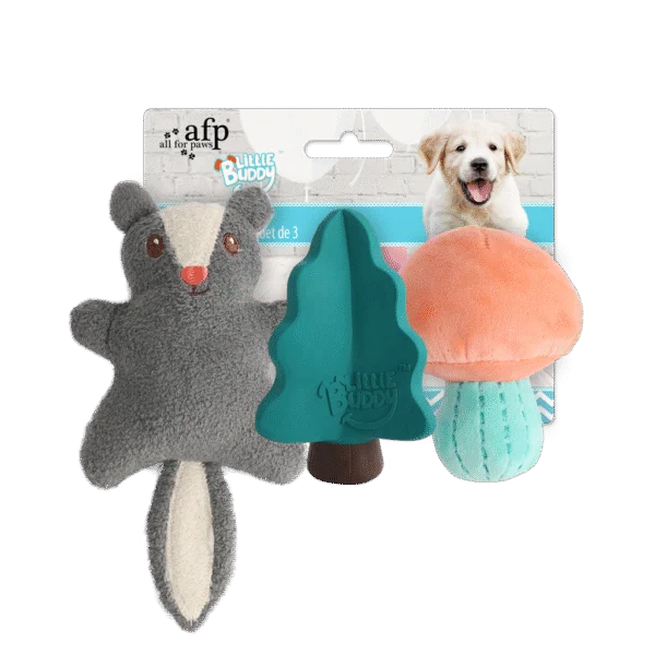 Zestaw zabawek dla szczeniaka: 2 pluszaki i piszczałka, 3 sztuki – AFP Little Buddy 3-Pack Toy Woodland