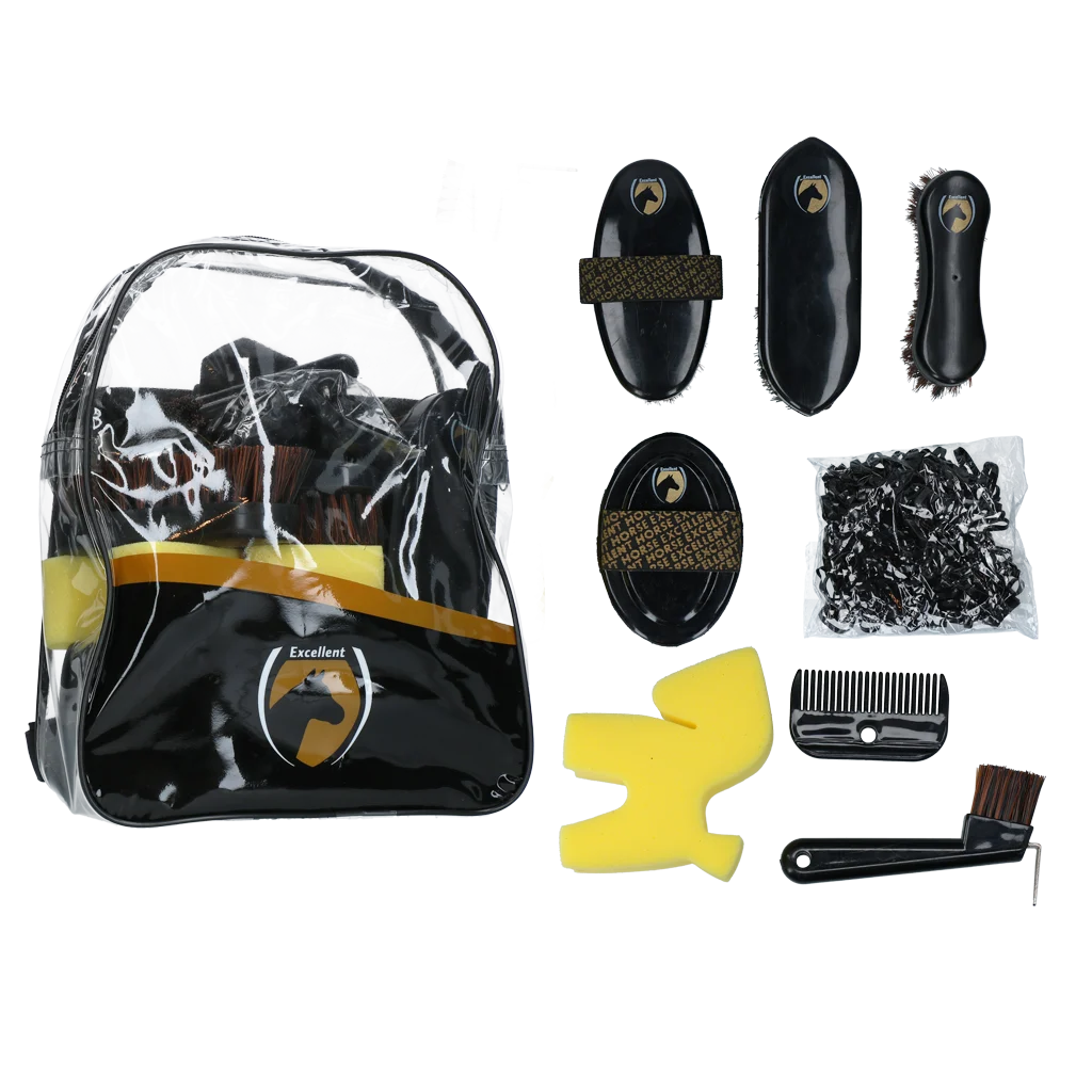 BORS0005L.png Zestaw do pielęgnacji dla młodych jeźdźców z plecakiem, 200 gumek – Excellent Horse Grooming Set Junior - obrazek 1
