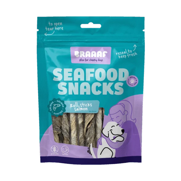 Suszone na powietrzu pałeczki do żucia z łososia, 12 cm – Braaaf Seafood Zalm Roll Sticks