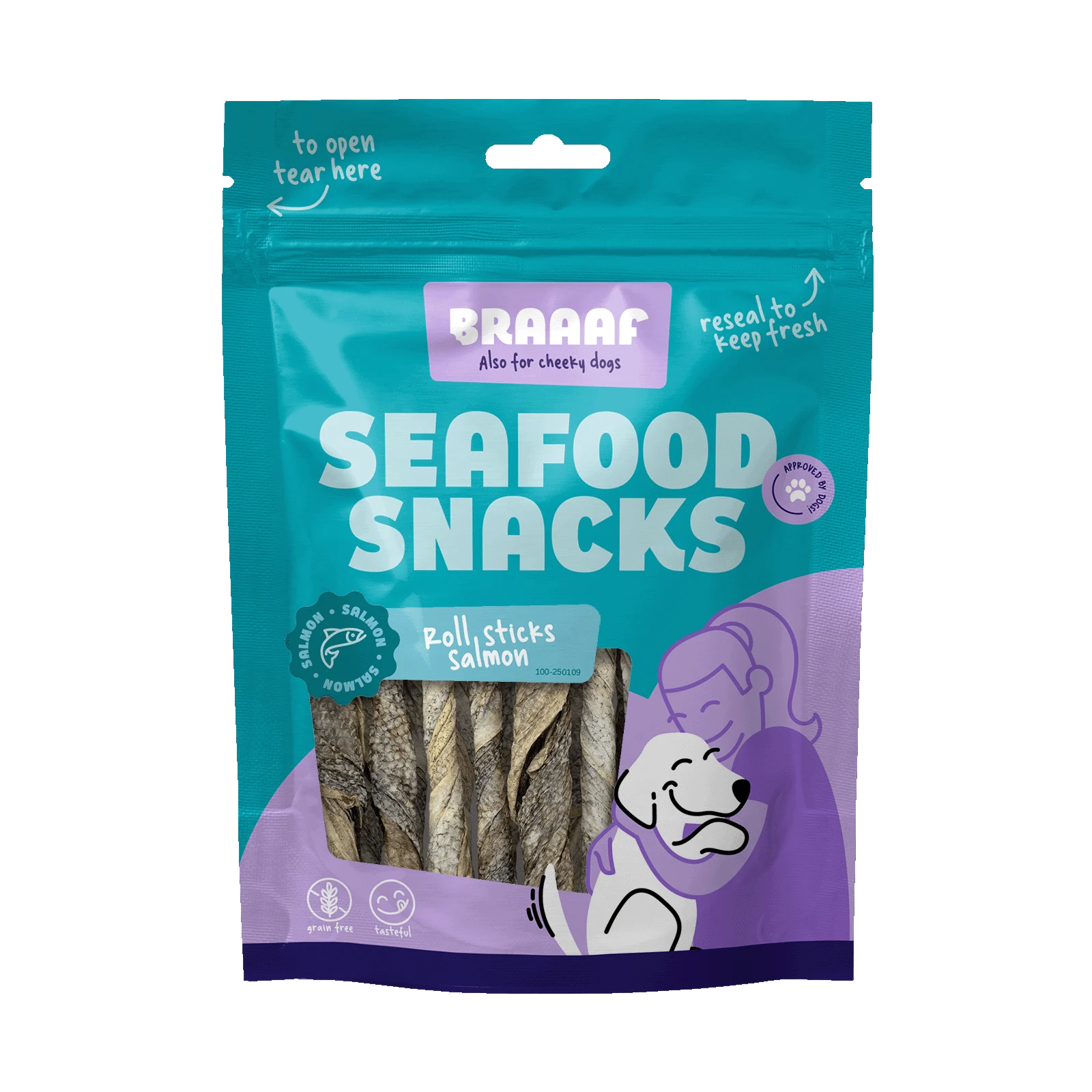 Suszone na powietrzu pałeczki do żucia z łososia, 12 cm – Braaaf Seafood Zalm Roll Sticks - obrazek 1