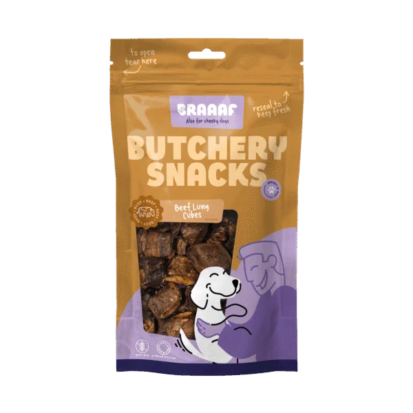 Przysmak dla psa z płuc wołowych w kostkach, 85 g – Braaaf Butchery