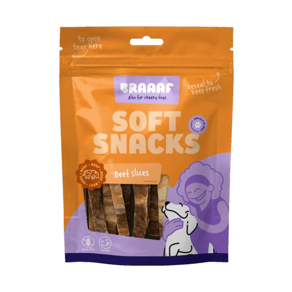 Miękkie przysmaki dla psa z wołowiną i rybą, bezzbożowe, 85 g – Braaaf Soft Snack Slices