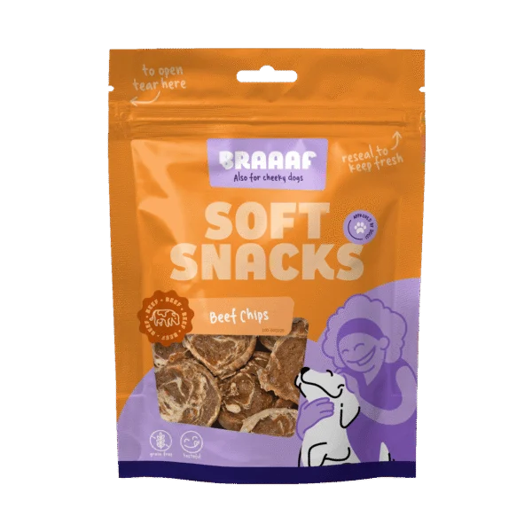 Przysmak dla psa w formie chipsów z wołowiną i rybą, bez zbóż, 85 g – Braaaf Soft Snack Chips