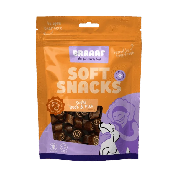 Miękkie przysmaki dla psa z kaczką i rybą, bez zbóż, 85 g – Braaaf Soft Snack Sushi
