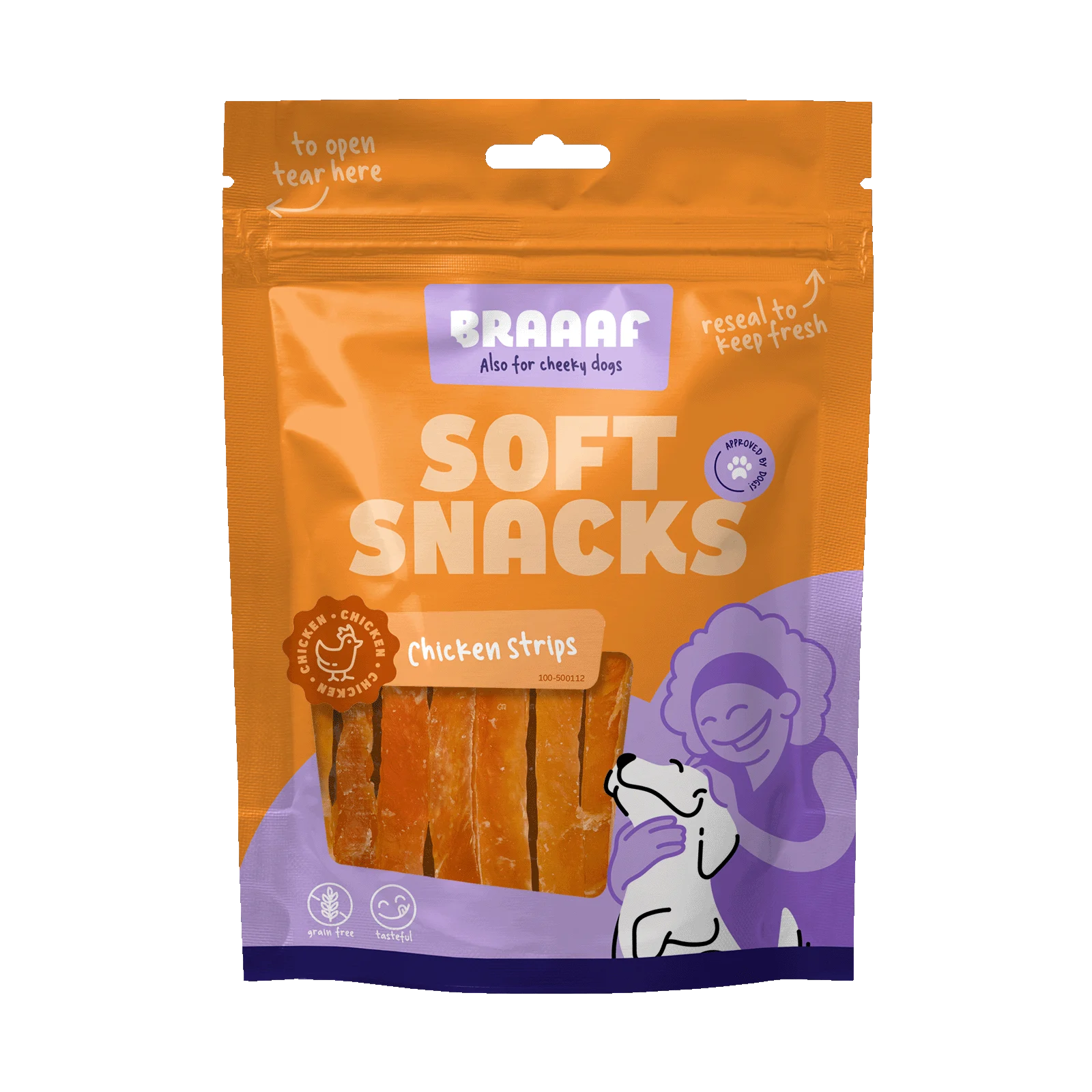 Paski przysmaku dla psa z kurczakiem, bezzbożowe, 85 g – Braaaf Soft Snack Kipreepjes - obrazek 1
