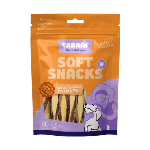 Przysmak dla psa w kształcie skręcanej kanapki z kurczakiem i rybą, bezzbożowy, 85 g – Braaaf Soft Snack Gedraaide Sandwich