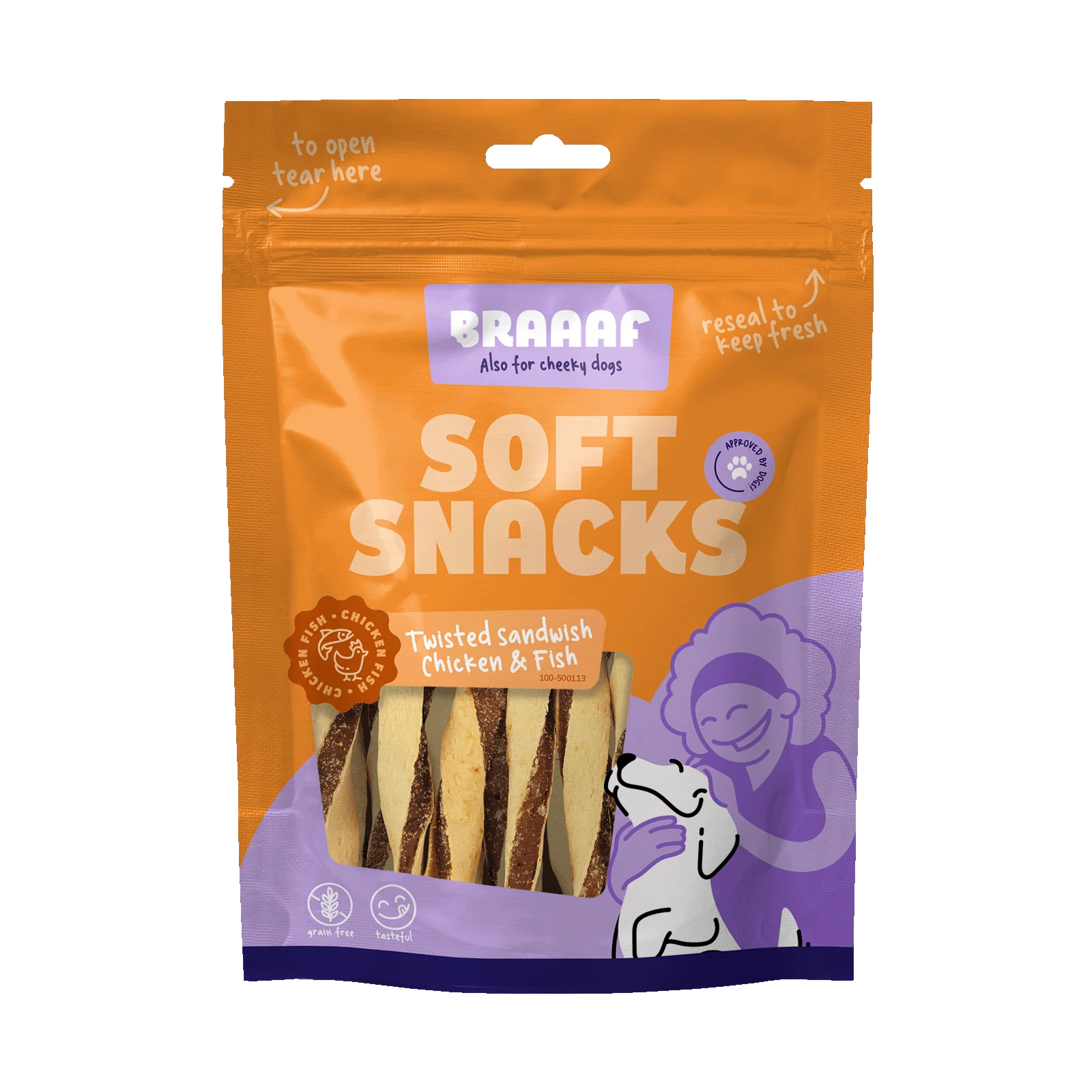 Przysmak dla psa w kształcie skręcanej kanapki z kurczakiem i rybą, bezzbożowy, 85 g – Braaaf Soft Snack Gedraaide Sandwich - obrazek 1