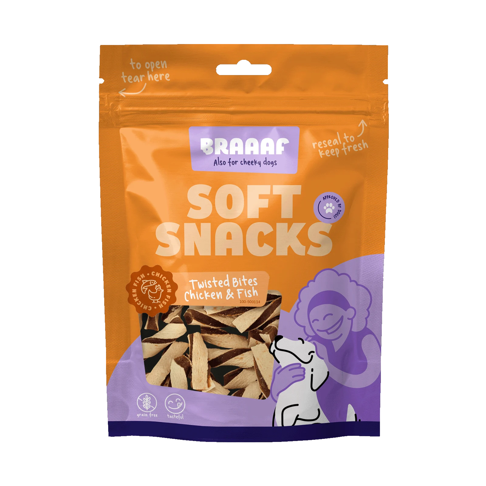 Przysmaki dla psa z kurczakiem i rybą, bez zbóż, 85 g – Braaaf Soft Snack Gedraaide Bites - obrazek 1
