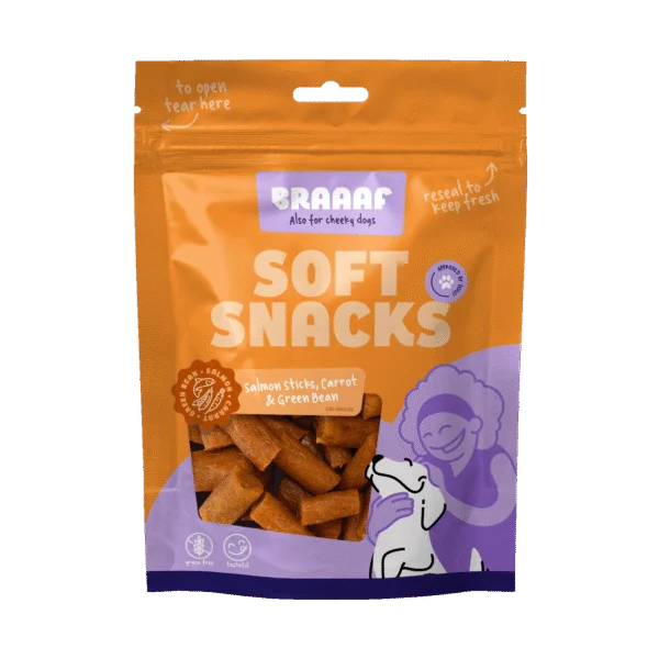 Miękki przysmak dla psa z łososiem, marchewką i fasolką szparagową, 85 g – Braaaf Soft Snack z łososiem