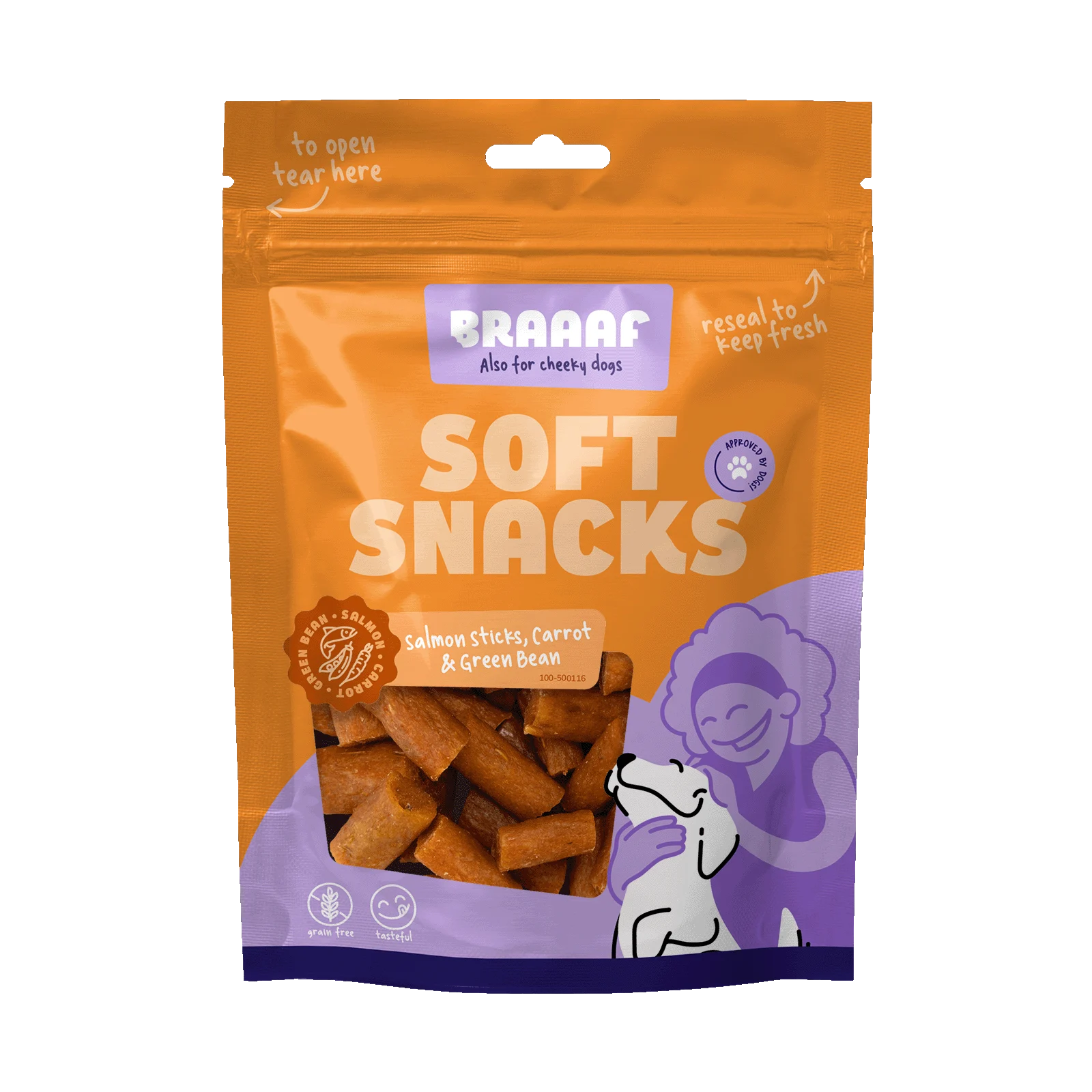 Miękki przysmak dla psa z łososiem, marchewką i fasolką szparagową, 85 g – Braaaf Soft Snack z łososiem - obrazek 1
