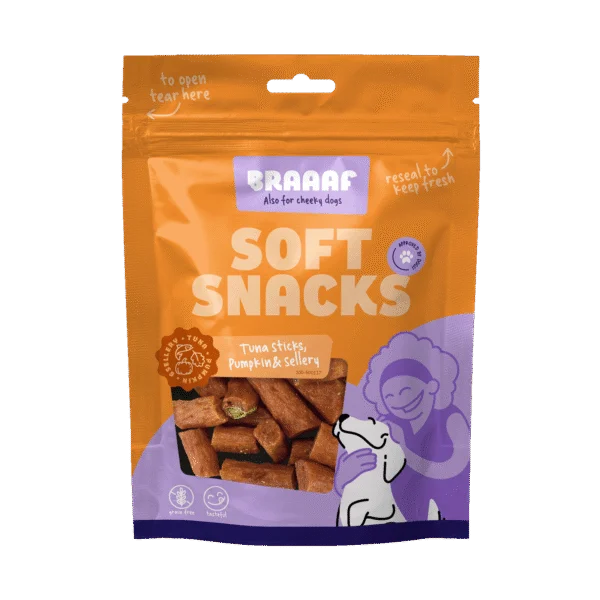 Paski przysmaku dla psa z tuńczykiem, dynią i selerem, 85 g – Braaaf Soft Snack