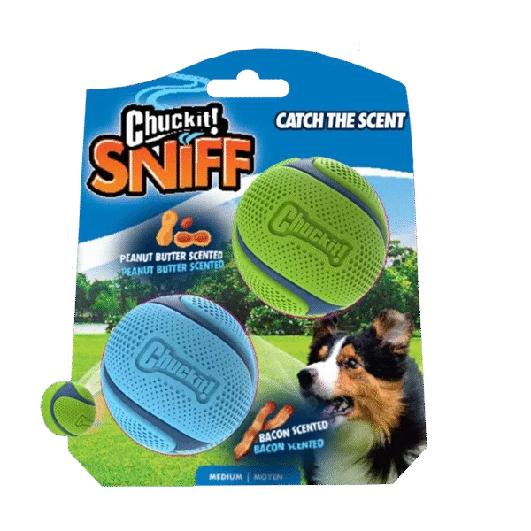 Piłki dla psa o zapachu bekonu i masła orzechowego, 2 sztuki – Chuckit! Sniff Fetch Ball Bacon & Peanut Butter M