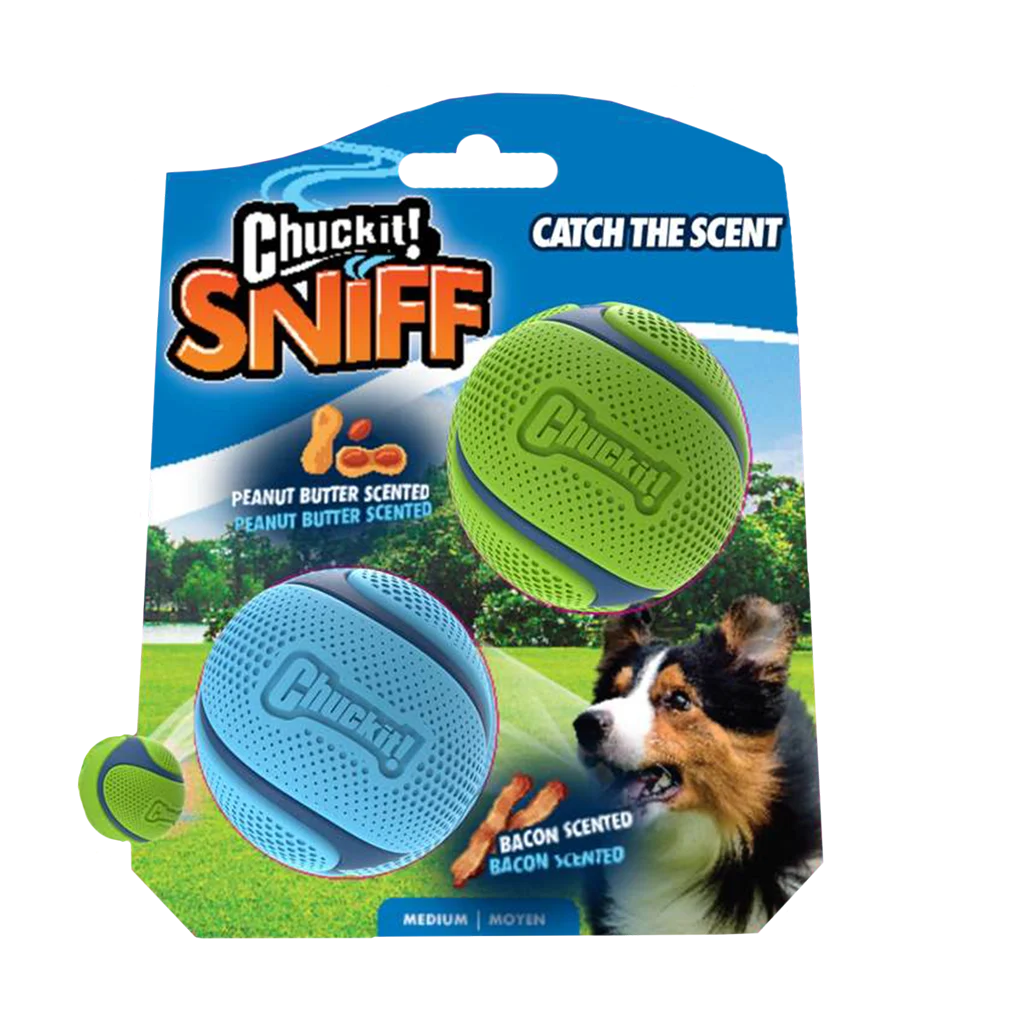 Piłki dla psa o zapachu bekonu i masła orzechowego, 2 sztuki – Chuckit! Sniff Fetch Ball Bacon & Peanut Butter M - obrazek 1