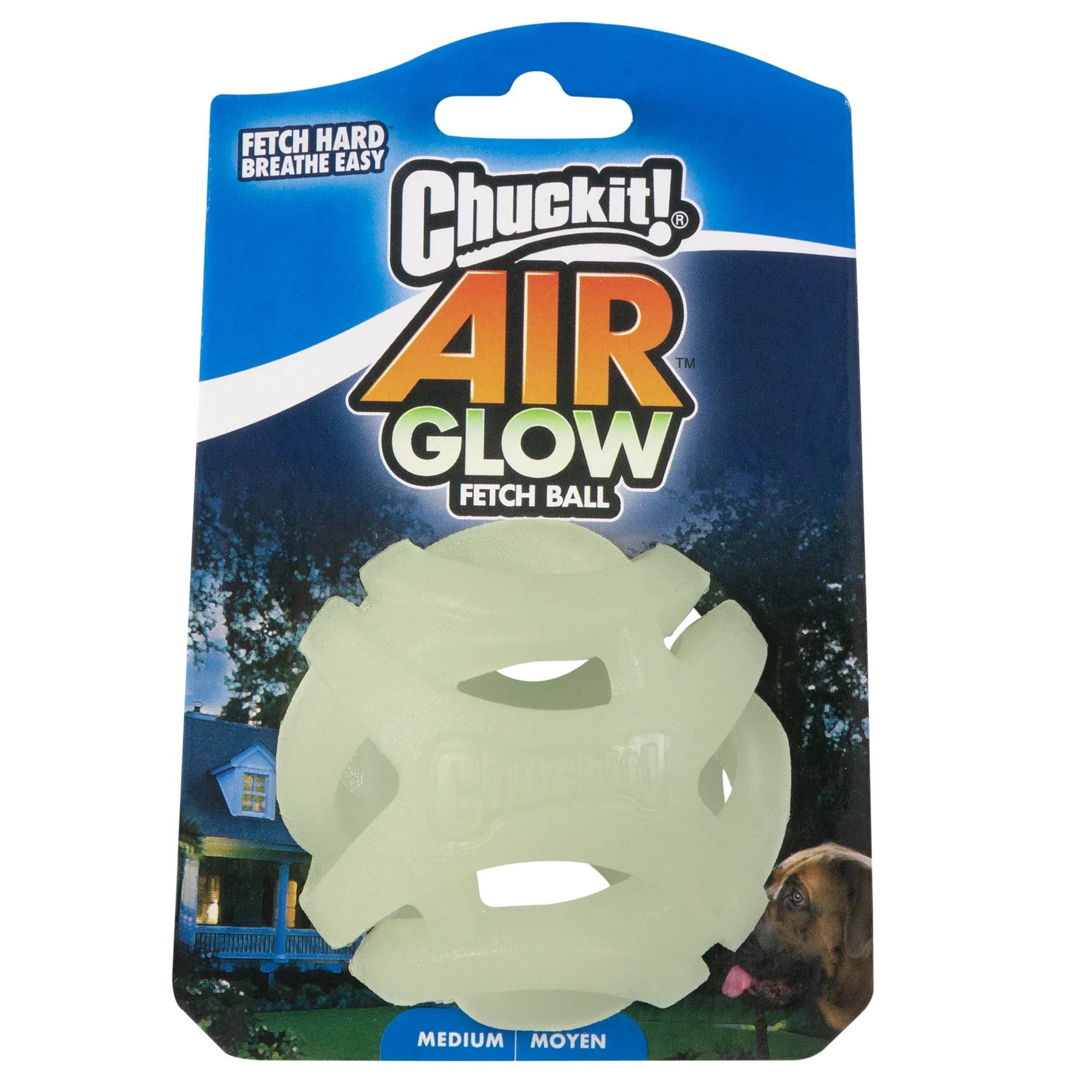 CHUC36189.jpg Świecąca piłka dla psa M, unosząca się na wodzie, 6 cm – Chuckit! Air Glow Fetch Ball - obrazek 1