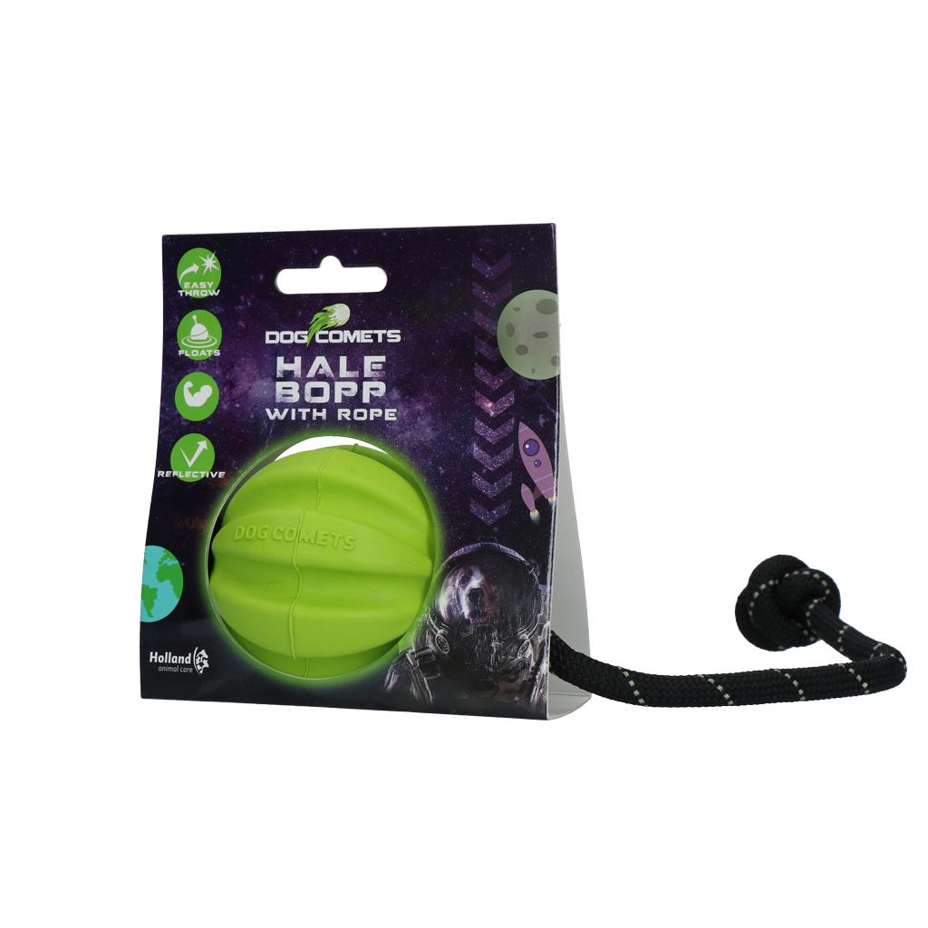Hondenbal met Touw van Natuurlijk Rubber, 6 cm, Groen – Dog Comets Hale Bopp Piłka dla psa ze sznurem z naturalnej gumy, 6 cm, zielona – Dog Comets Hale Bopp