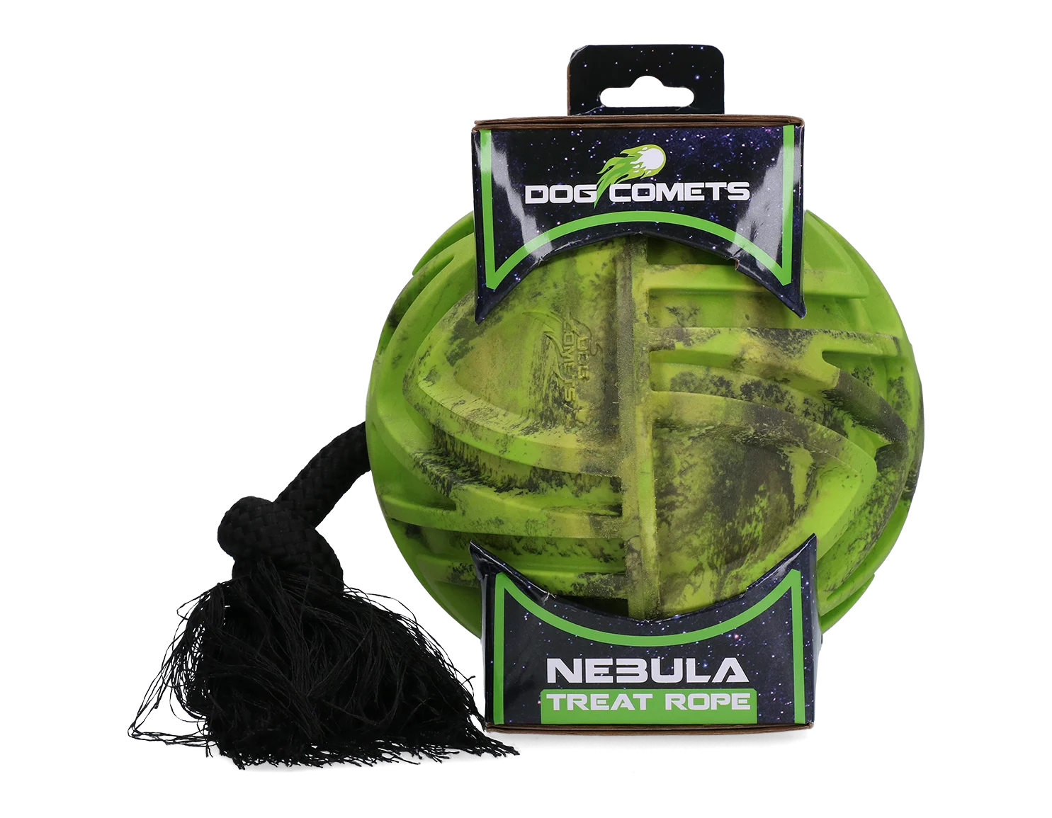 COME0081A.png Piłka na karmę ze sznurem i otworem na przysmaki, Ø 18 cm, zielona – Dog Comets Nebula Treat Rope - obrazek 1