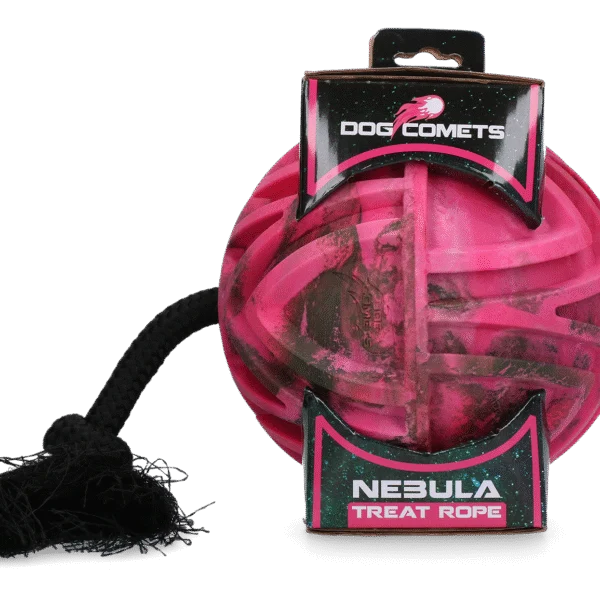 Piłka na przysmaki z liną i otworem na smakołyki, Ø 18 cm, różowa – Dog Comets Nebula Treat Rope