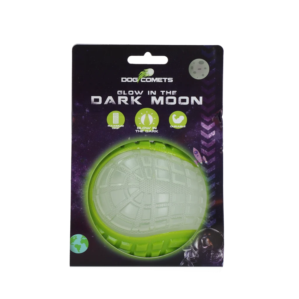 COME017R.png Świecąca piłka dla psa z piszczałką, L 10 cm, zielona – Dog Comets Glow In The Dark Moon Bal - obrazek 1