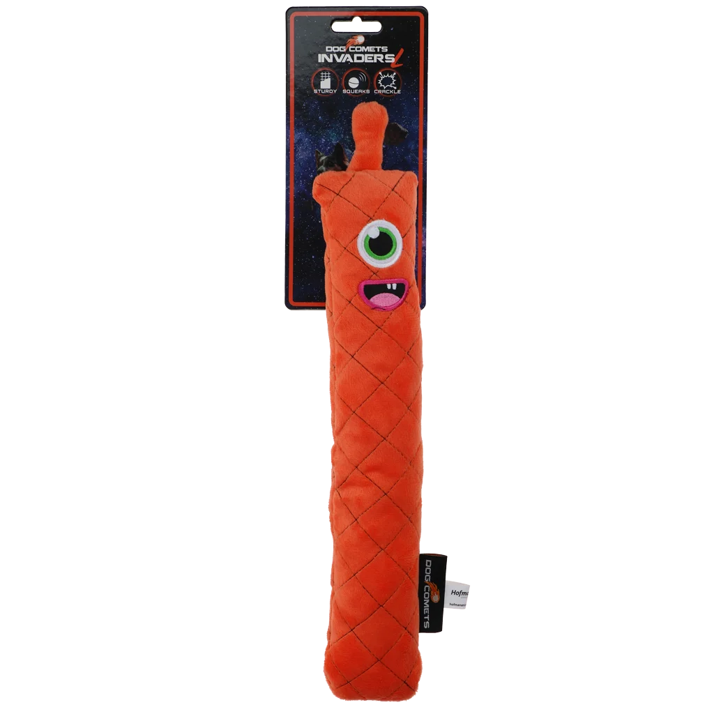 Pluszowa zabawka dla psa do aportowania z piszczałką, pomarańczowa L, 32 cm – Dog Comets Invaders - obrazek 1
