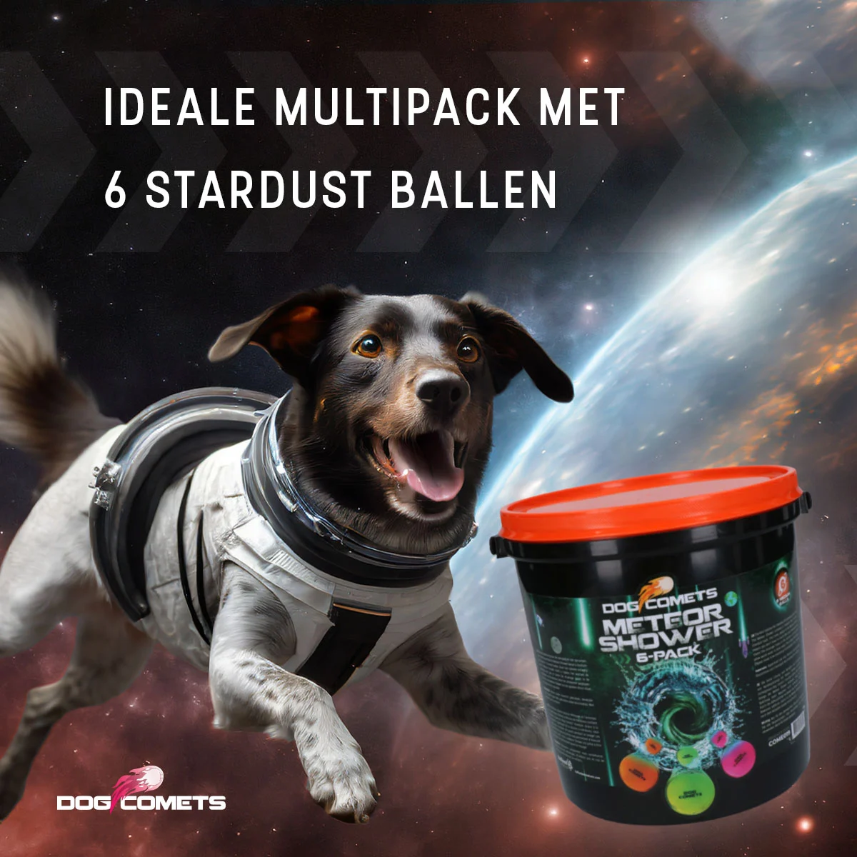 Gumowe piłki dla psów z wiaderkiem, 6 sztuk M – Dog Comets Meteor Shower - obrazek 3