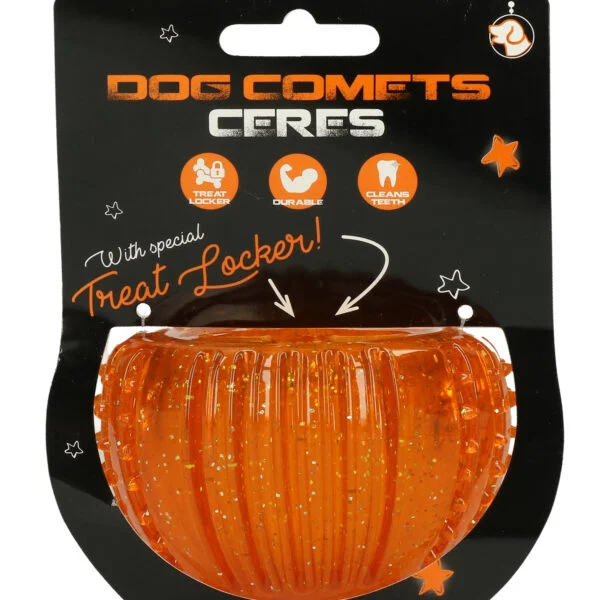 Zabawka na przysmaki z gumy TPR, pomarańczowa, ø 7 cm – Dog Comets Ceres Treat Locker