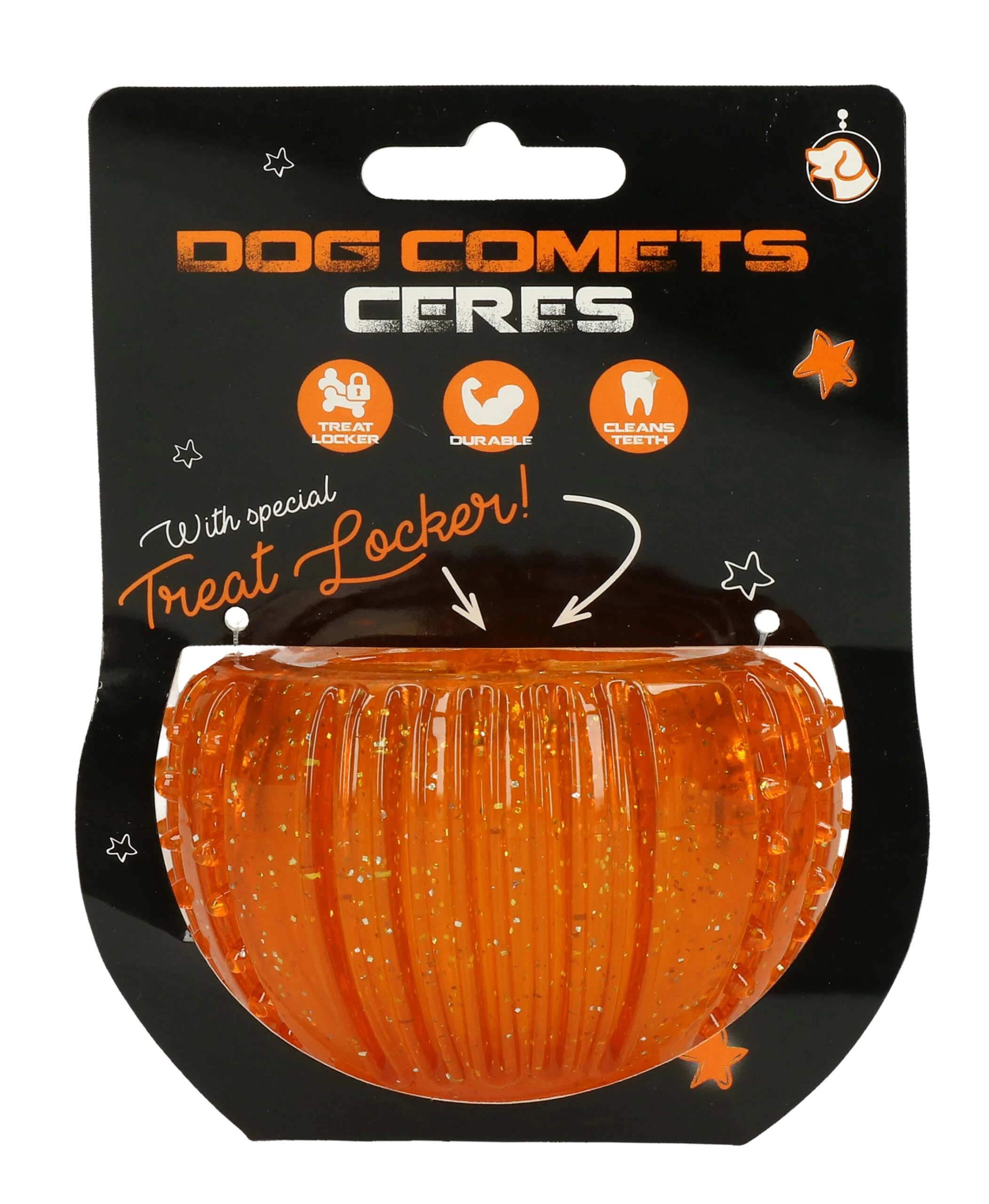 Zabawka na przysmaki z gumy TPR, pomarańczowa, ø 7 cm – Dog Comets Ceres Treat Locker - obrazek 1