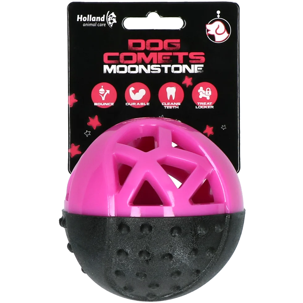 Piłka na przysmaki dla psa z gumy, z piszczałką, różowa – Dog Comets Moonstone - obrazek 1
