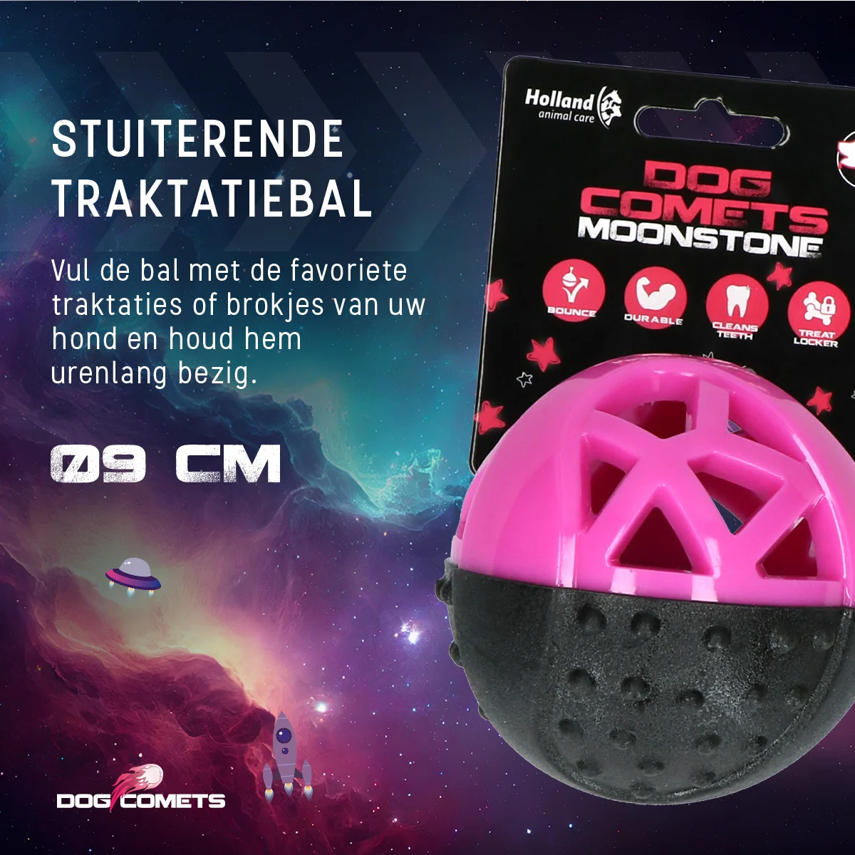 Piłka na przysmaki dla psa z gumy, z piszczałką, różowa – Dog Comets Moonstone - obrazek 5