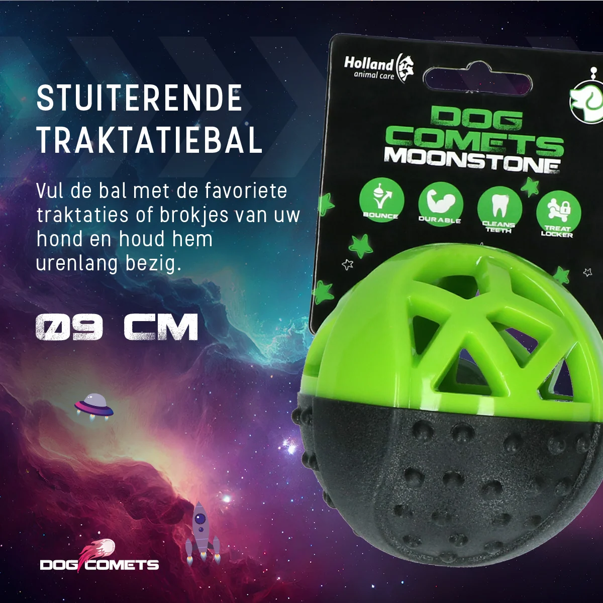Gumowa piłka na przysmaki z piszczałką, zielona – Dog Comets Moonstone - obrazek 5