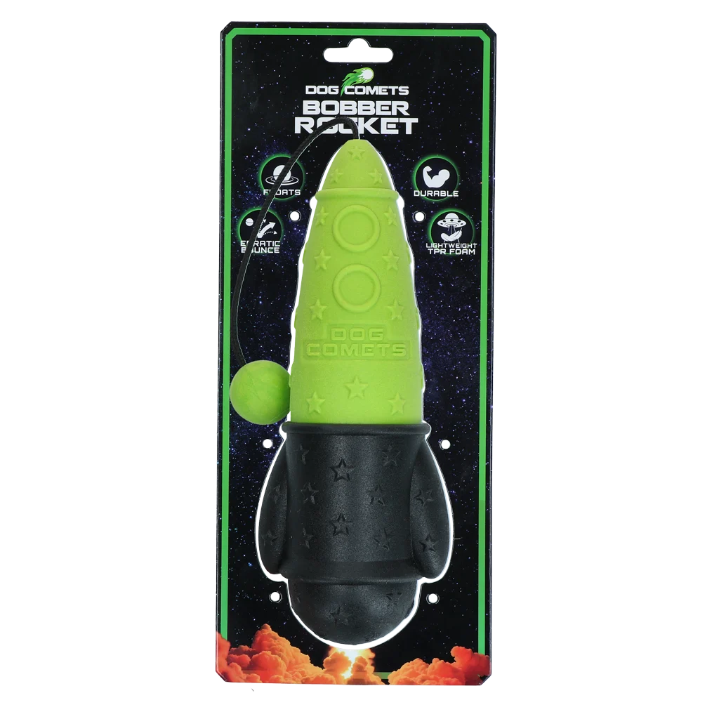 Zabawka do aportowania ze sznurkiem, unosząca się na wodzie, Ø 65 x 235 mm, zielona – Dog Comets Bobber Rocket - obrazek 1