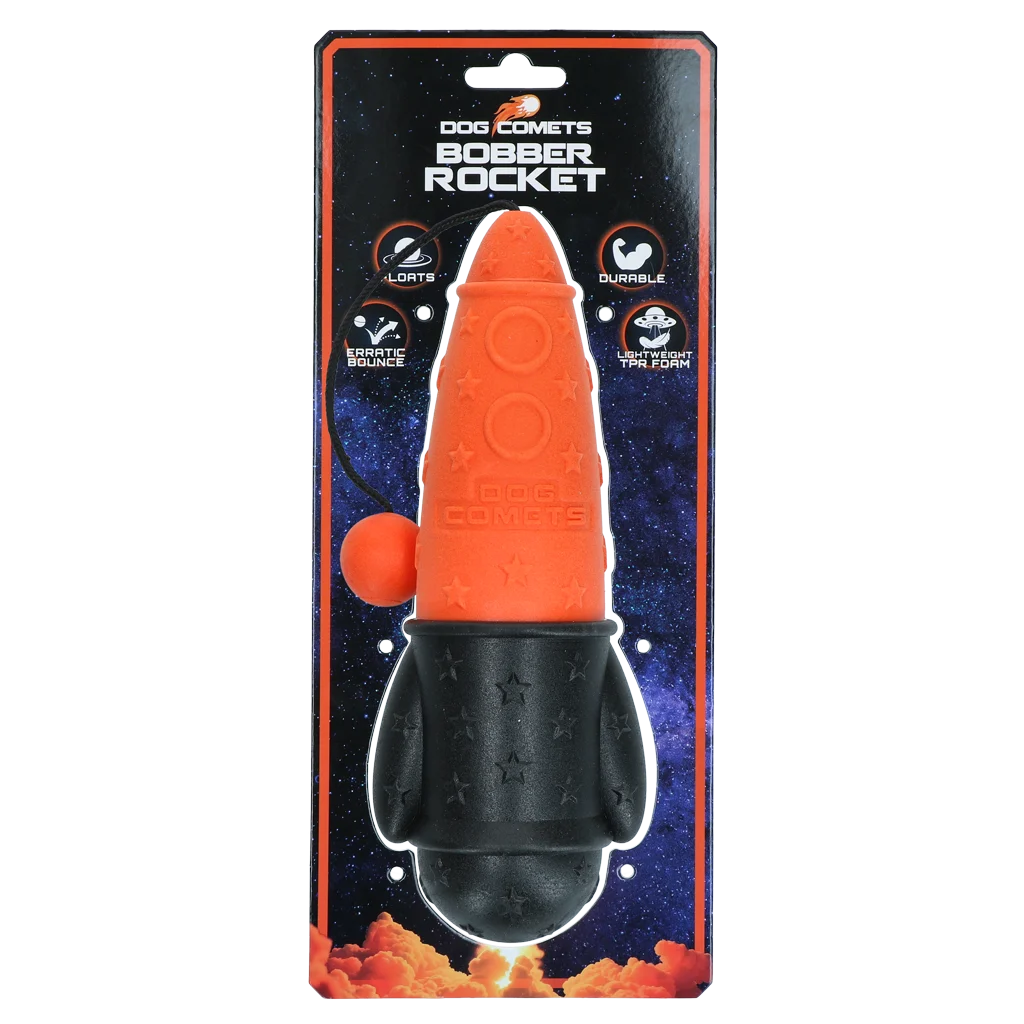 Zabawka aportowa ze sznurkiem, pływająca, Ø 65 x 235 mm, pomarańczowa – Dog Comets Bobber Rocket - obrazek 1