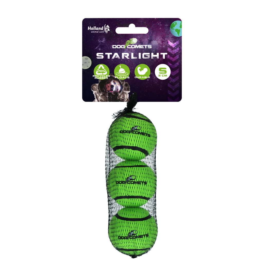 COME084AS.png Piłka tenisowa dla psa, unosząca się na wodzie, zielona S, Ø 5 cm, 3 sztuki – Dog Comets Starlight - obrazek 1