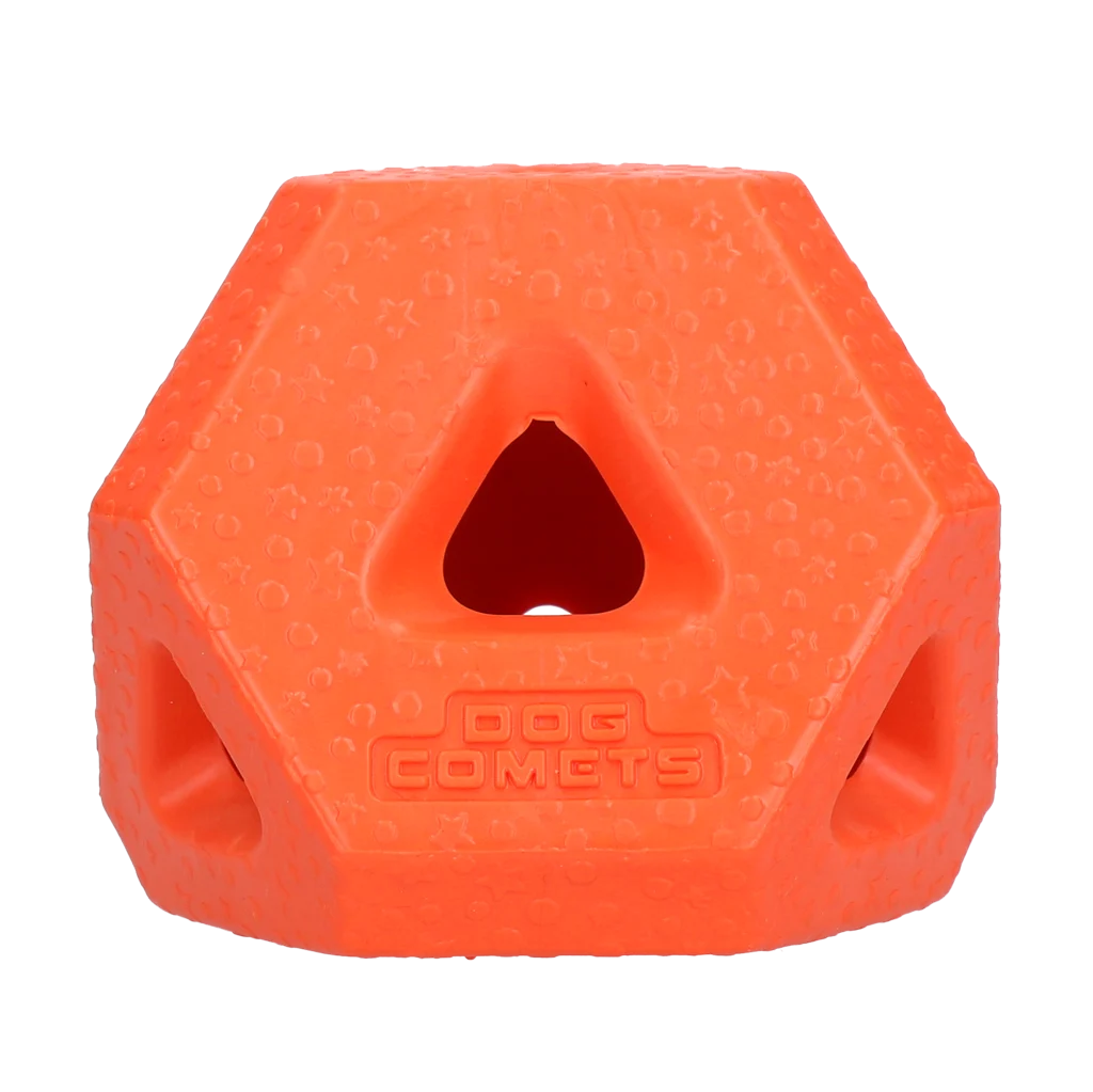 Kostka na przysmaki z gumy TPR na smakołyki i gryzaki, pomarańczowa – Dog Comets Treat Lock Cube - obrazek 1