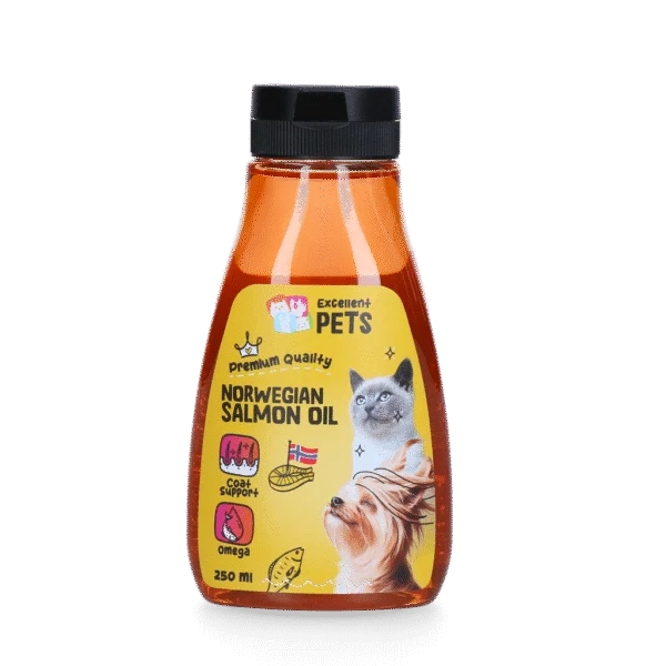Norweski olej z łososia dla psów i kotów, 250 ml w butelce z dozownikiem – Excellent Pets Norwegian Salmon Oil