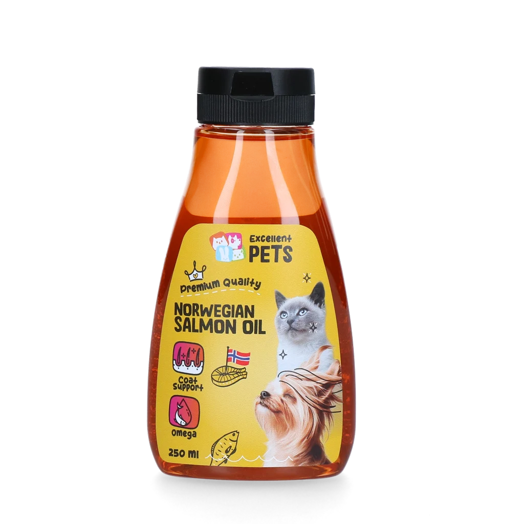 Norweski olej z łososia dla psów i kotów, 250 ml w butelce z dozownikiem – Excellent Pets Norwegian Salmon Oil - obrazek 1