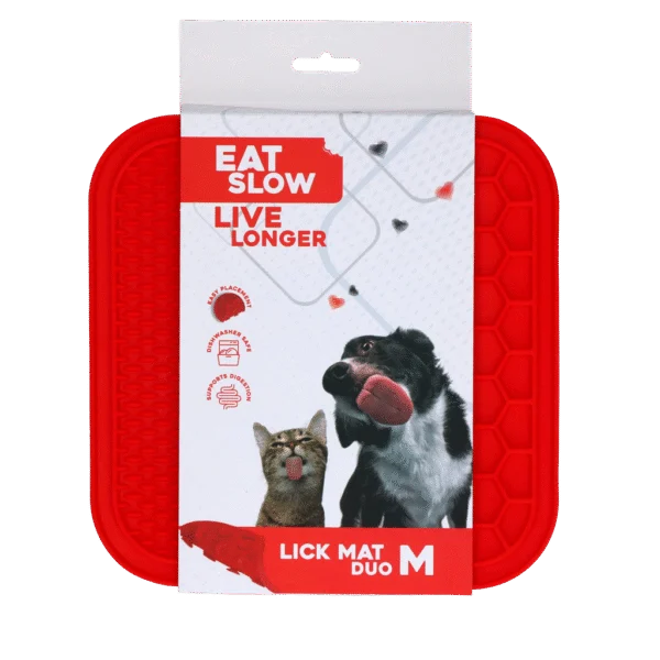 Mata do lizania dla psów z 2 wzorami i przyssawkami, 21 x 21 cm, czerwona – Eat Slow Live Longer Lick Mat Duo M