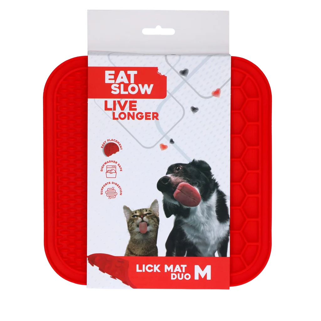 Mata do lizania dla psów z 2 wzorami i przyssawkami, 21 x 21 cm, czerwona – Eat Slow Live Longer Lick Mat Duo M - obrazek 1