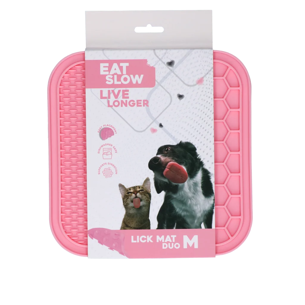 Mata do lizania dla psów z 2 wzorami i przyssawkami, 21 x 21 cm, różowa – Eat Slow Live Longer Lick Mat Duo M - obrazek 1