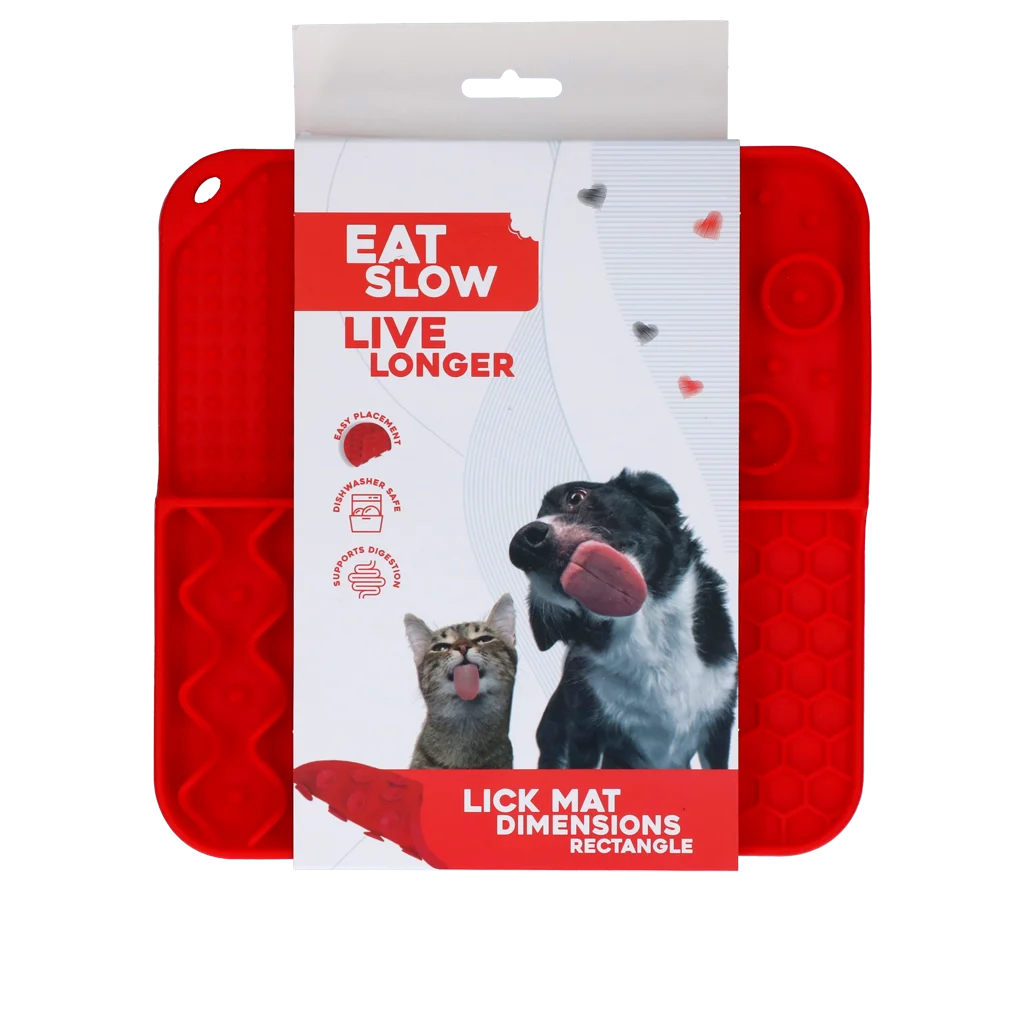 Mata do lizania dla psów z 4 wzorami i przyssawkami, 21 x 21 cm, czerwona – Eat Slow Live Longer Lick Mat Dimensions Rectangle - obrazek 1