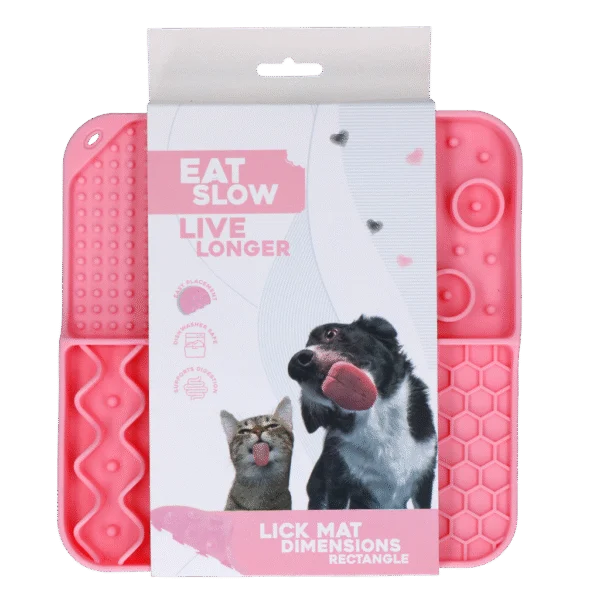 Mata do lizania dla psów z 4 wzorami i przyssawkami, 21 x 21 cm, różowa – Eat Slow Live Longer Lick Mat Dimensions Rectangle