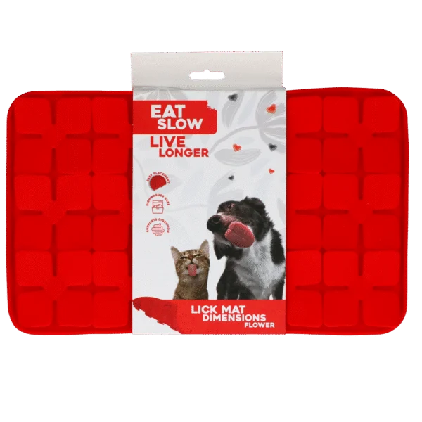 Mata do lizania dla psów z płatkami w kształcie kwiatów i przyssawkami, 21 x 34 cm, czerwona – Eat Slow Live Longer Lick Mat Dimensions Flower