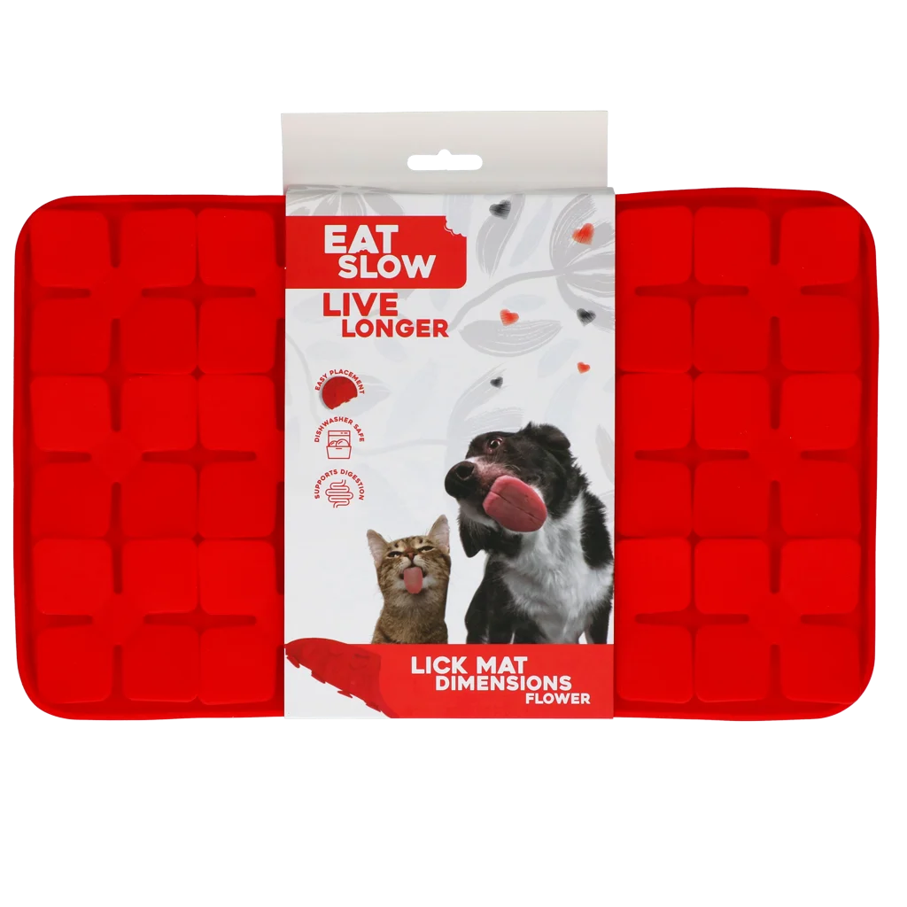 Mata do lizania dla psów z płatkami w kształcie kwiatów i przyssawkami, 21 x 34 cm, czerwona – Eat Slow Live Longer Lick Mat Dimensions Flower - obrazek 1