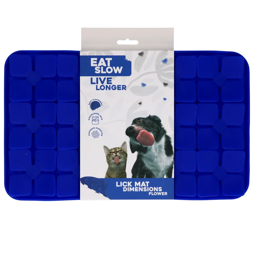 EATS063Q.png Mata do lizania dla psów z płatkami w kształcie kwiatów i przyssawkami, 21 x 34 cm, niebieska – Eat Slow Live Longer Lick Mat Dimensions Flower - obrazek 1