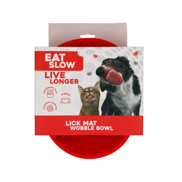 Miska spowalniająca jedzenie dla psów z matą do lizania, czerwona, 17 cm – Eat Slow Live Longer Lick Mat Wobble Bowl