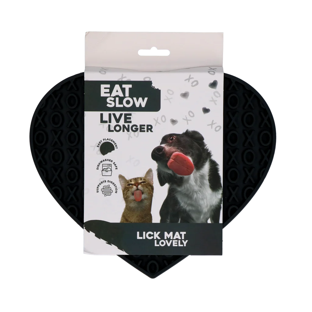 Mata do lizania dla psów w kształcie serca, wzór XO, 19 x 23 cm, szara – Eat Slow Live Longer Lick Mat Lovely Heart - obrazek 1
