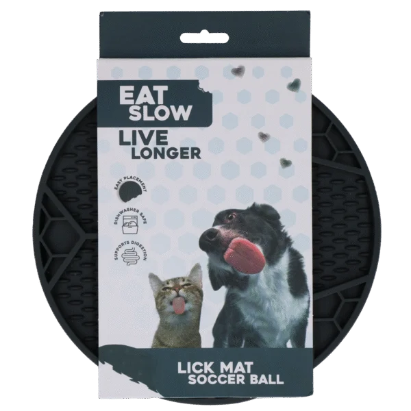 Mata do lizania dla psów z wzorem piłki nożnej i przyssawkami, Ø 22 cm, szara – Eat Slow Live Longer Lick Mat Soccer Ball