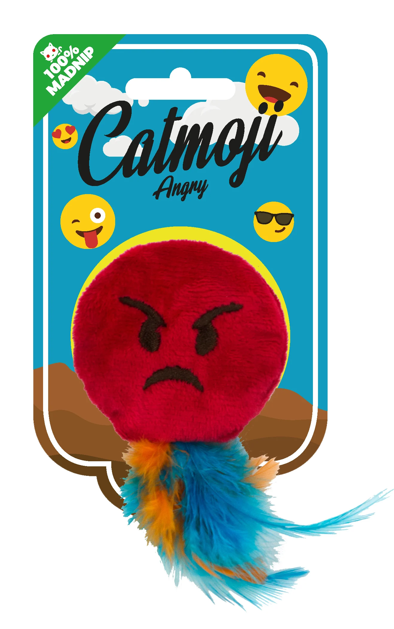 Zabawka dla kota Emoji z piórkami i MADNIP, ø 6 cm – Catmoji Angry - obrazek 1