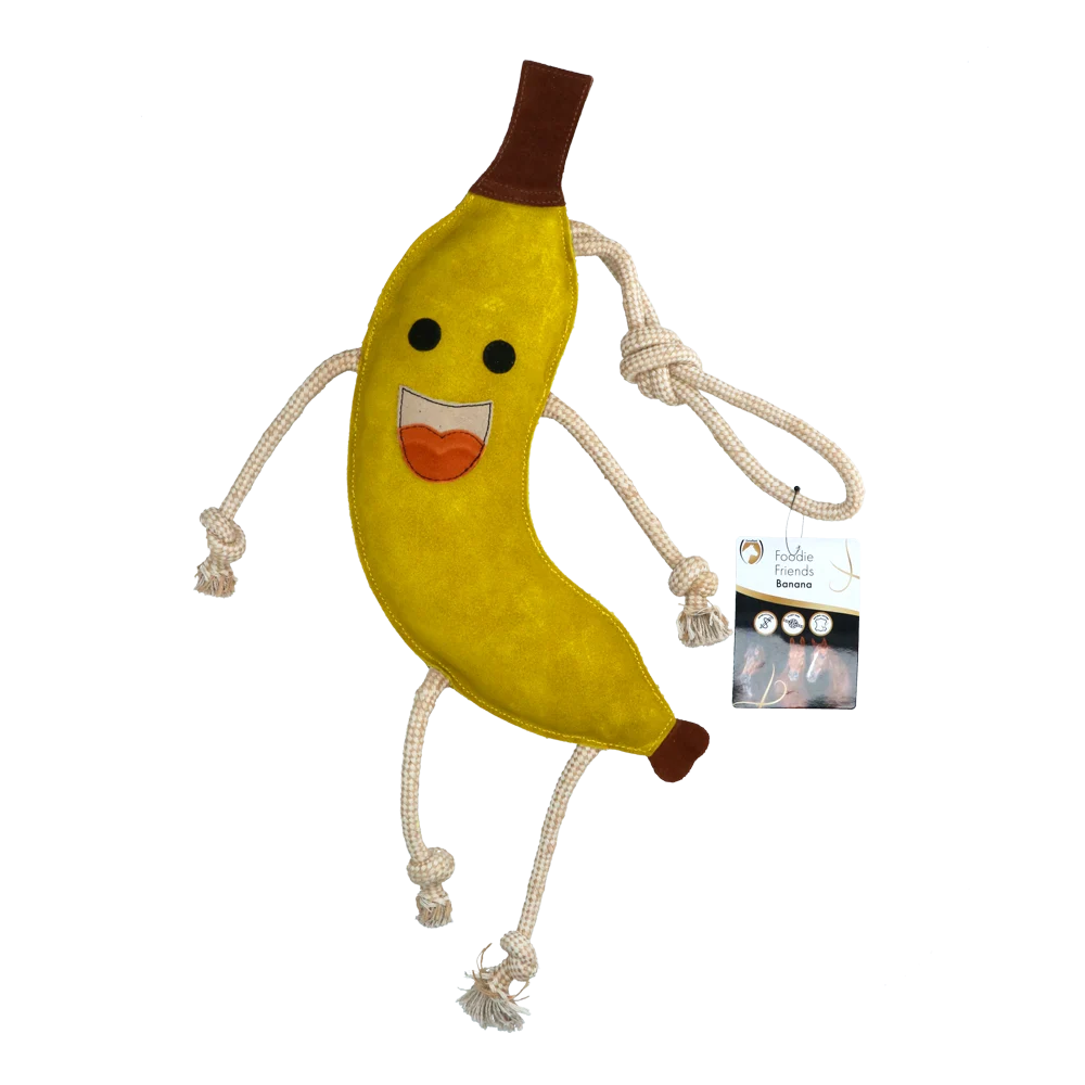 Zabawka do stajni dla koni ze skóry, wypełniona jutą, banan, 40 x 12 x 5 cm – Excellent Horse Foodie Friends Banana - obrazek 1