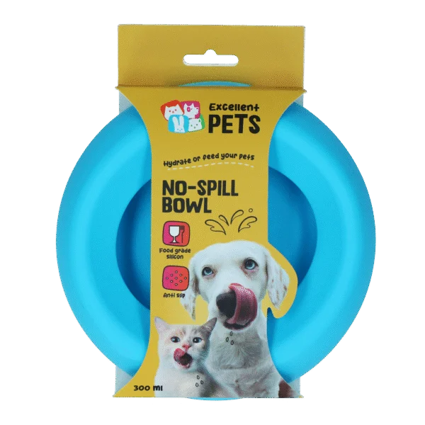 Silikonowa miska dla psów na karmę i wodę z rantem ograniczającym rozlewanie, 300 ml, niebieska – Excellent Pets No-Spill Bowl
