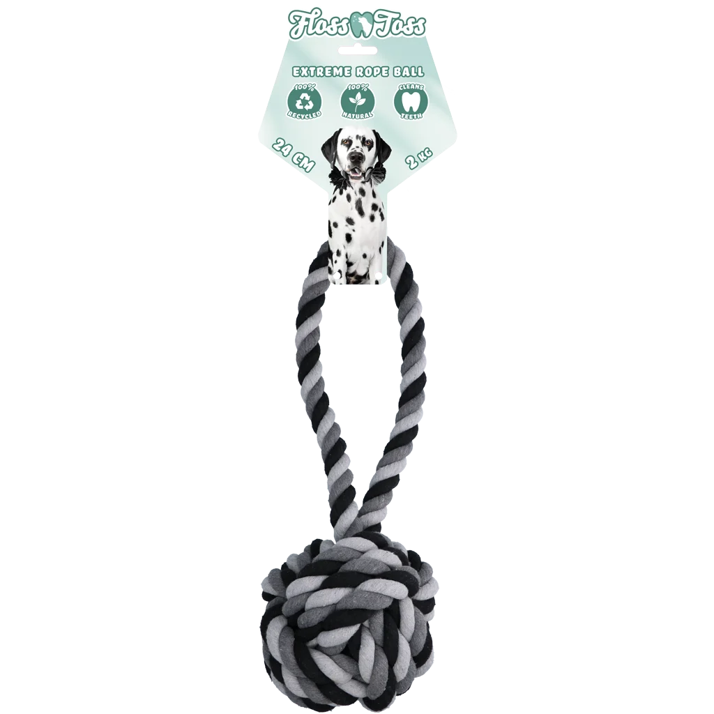 FLOS0018.png Bawełniany sznur dla psa z piłką, 60 cm – Floss Toss Natural Dental Ropes Dental Rope Exteme Tug and Ball - obrazek 1